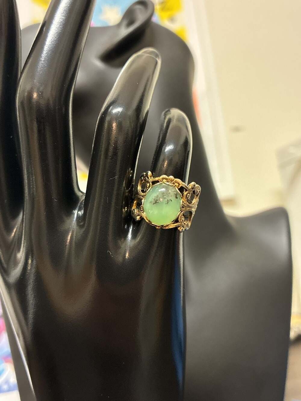 Vintage 1970s Filigree Green Stone Ring Antique Style Gold Tone